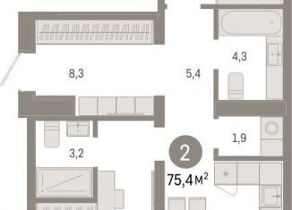 Продам 2-ком. квартиру, 75.4 м2, Тюмень, Центральный округ