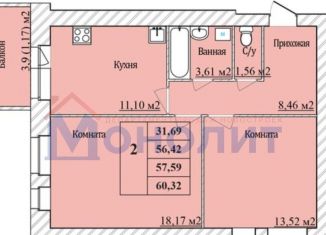 Продается 2-комнатная квартира, 57.6 м2, Ярославль, Дзержинский район