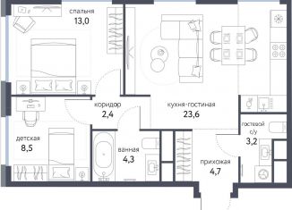 Трехкомнатная квартира на продажу, 59.7 м2, Москва, ЖК Сиреневый парк, Тагильская улица, 4В