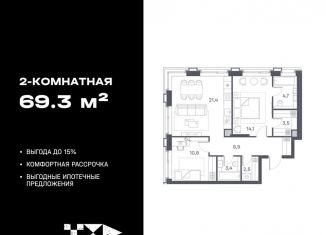 Продажа 2-комнатной квартиры, 69.3 м2, Москва, метро Печатники