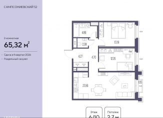 Двухкомнатная квартира на продажу, 65.3 м2, Санкт-Петербург, Малый Сампсониевский проспект, 2, метро Горьковская