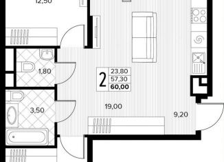 Продается 2-ком. квартира, 60 м2, село Сукко, Мирная улица, 9к1