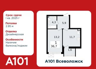 Продам однокомнатную квартиру, 36.7 м2, Ленинградская область, микрорайон Южный, 3.2