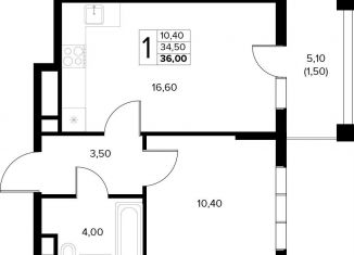 1-комнатная квартира на продажу, 36 м2, Краснодарский край