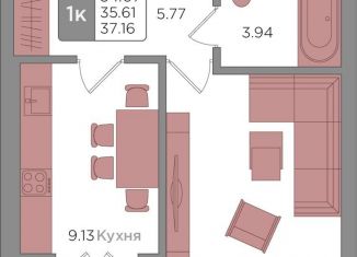 1-комнатная квартира на продажу, 35.6 м2, Калининград, Новгородская улица, 3Ак7, ЖК Новый Город