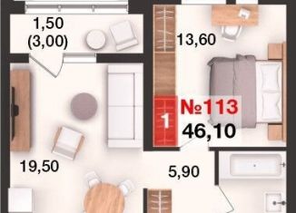 Продаю однокомнатную квартиру, 46.1 м2, Калининград