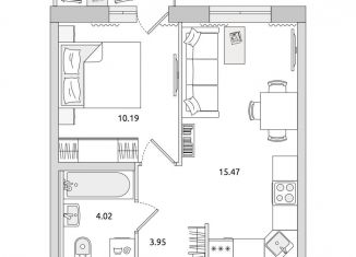 Продам 1-комнатную квартиру, 38.2 м2, поселок Бугры