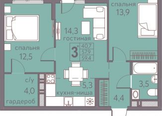 Продаю трехкомнатную квартиру, 59.4 м2, Пермь, ЖК Погода