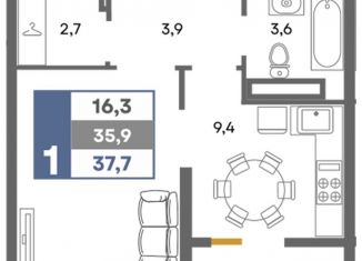 Продаю однокомнатную квартиру, 37.7 м2, село Белоглинка