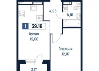 1-комнатная квартира на продажу, 37.6 м2, Мурино