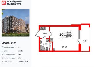 Продается квартира студия, 24 м2, Санкт-Петербург, Дальневосточный проспект, 23, муниципальный округ Невский