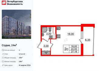 Продажа квартиры студии, 24 м2, Санкт-Петербург, муниципальный округ Коломяги