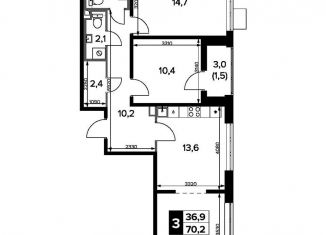 Продажа 3-ком. квартиры, 70.2 м2, деревня Сапроново