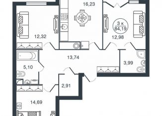 3-комнатная квартира на продажу, 84.2 м2, Тверь