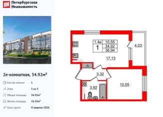 Продаю 1-ком. квартиру, 34.9 м2, Санкт-Петербург, Московский район