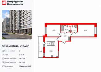 Продаю 2-ком. квартиру, 54.6 м2, Санкт-Петербург, муниципальный округ Новоизмайловское, Кубинская улица, 78к2