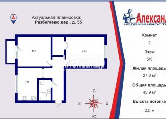 Продается 2-комнатная квартира, 45.9 м2, деревня Разбегаево, деревня Разбегаево, 55