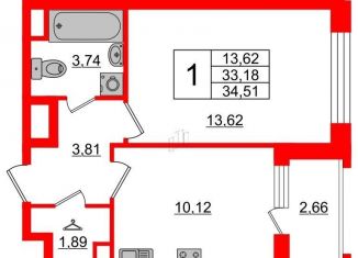 Однокомнатная квартира на продажу, 34.4 м2, Санкт-Петербург, Планерная улица, 91к1