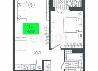 1-комнатная квартира на продажу, 46.9 м2, Тюмень, ЖК Гранд Квартал, улица Василия Малкова, 3