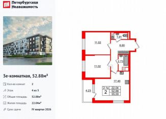 Продаю 2-комнатную квартиру, 52.9 м2, Санкт-Петербург, метро Звёздная