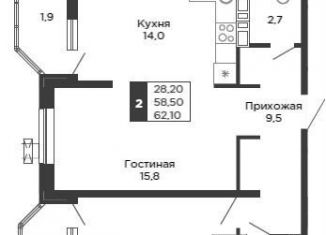 Продам 1-ком. квартиру, 58.5 м2, Краснодар, ЖК Сказка Град, улица имени В.Н. Мачуги, 166Б