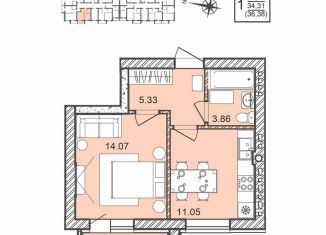 Продается 1-ком. квартира, 36.4 м2, Воронежская область