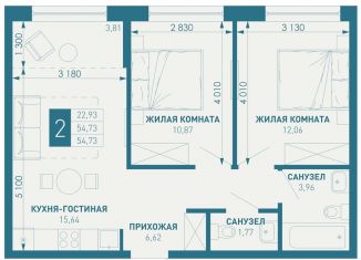 2-ком. квартира на продажу, 54.7 м2, Краснодарский край