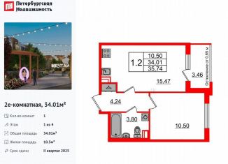 Продам 1-комнатную квартиру, 34 м2, посёлок Шушары