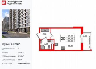 Продается квартира студия, 24.3 м2, Санкт-Петербург, метро Московская, Кубинская улица, 78к2