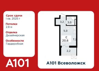 Продаю квартиру студию, 20.6 м2, Всеволожск, микрорайон Южный, 3.3