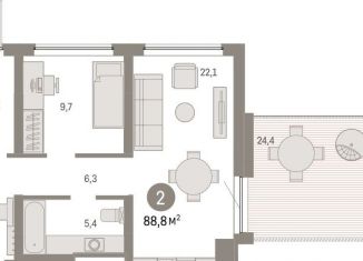 Продаю 2-ком. квартиру, 88.8 м2, Тюмень, Центральный округ