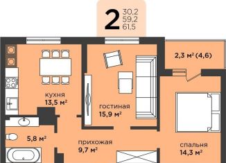 Двухкомнатная квартира на продажу, 61.5 м2, Калининград, ЖК Лето, улица Генерала Толстикова, 8