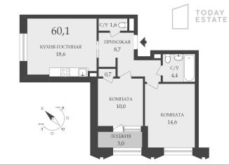 Продам двухкомнатную квартиру, 60.1 м2, Москва, метро Ботанический сад