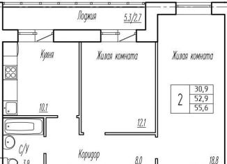 Продажа 2-ком. квартиры, 52.9 м2, поселок городского типа Стройкерамика