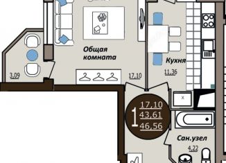 Продается однокомнатная квартира, 44.2 м2, Ульяновск, проспект Маршала Устинова, 11, ЖК Риверсайд