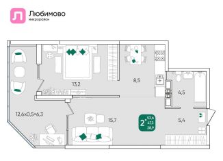Продаю двухкомнатную квартиру, 53.6 м2, Краснодар
