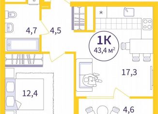 1-комнатная квартира на продажу, 41.1 м2, Екатеринбург, Орджоникидзевский район