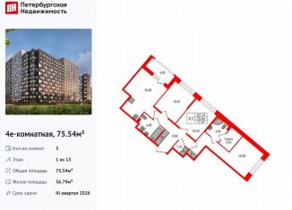 3-комнатная квартира на продажу, 75.5 м2, Санкт-Петербург, метро Елизаровская