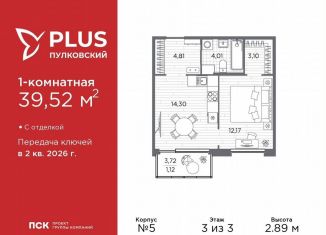 Продам однокомнатную квартиру, 39.5 м2, Санкт-Петербург, муниципальный округ Пулковский Меридиан