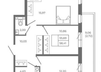 2-ком. квартира на продажу, 58.4 м2, Ленинградская область, Златоглавая улица, 3к1