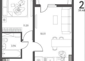 Продается однокомнатная квартира, 39.5 м2, Липецк, улица Перова, 2Д