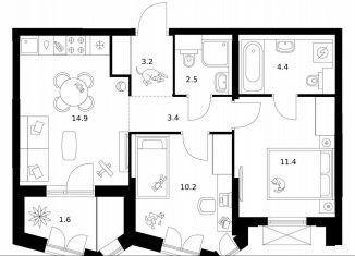 2-комнатная квартира на продажу, 51.6 м2, Москва, метро Озёрная