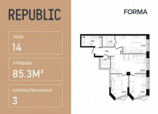 Трехкомнатная квартира на продажу, 85.3 м2, Москва, улица Пресненский Вал, 27с2, метро Маяковская