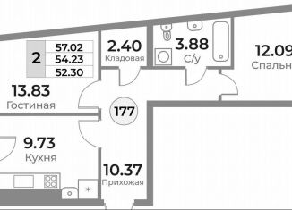 Двухкомнатная квартира на продажу, 54.2 м2, Калининград, Ленинградский район