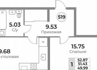 1-комнатная квартира на продажу, 51.4 м2, Калининград