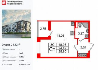 Квартира на продажу студия, 24.4 м2, Санкт-Петербург, метро Звёздная