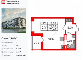 Квартира на продажу студия, 24 м2, Санкт-Петербург, метро Звёздная