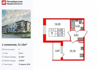 Продам 1-ком. квартиру, 31.2 м2, Санкт-Петербург, муниципальный округ Пулковский Меридиан