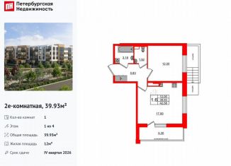 Продаю 1-комнатную квартиру, 39.9 м2, посёлок Шушары