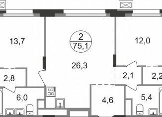 Продажа двухкомнатной квартиры, 75.1 м2, рабочий посёлок Заречье